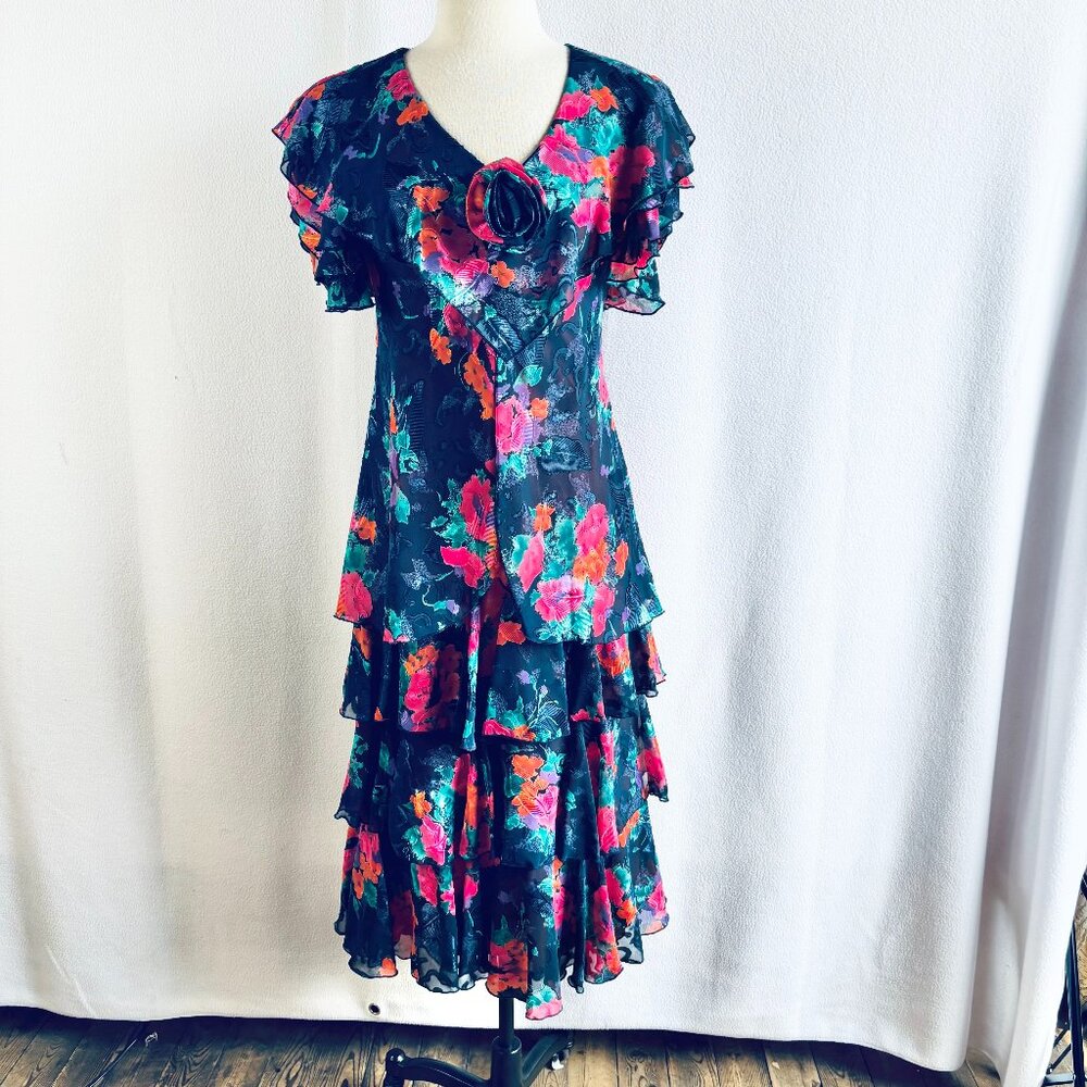 1980s 1990s Does 1930s Flowing Flutter Sleeve Floral Party Dress